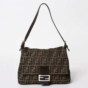 FENDI フェンディ ズッカ柄 マンマバケット ショルダーバッグ 26325 キャンバス レザー ブラウン FFバックル シルバー金具 美品 中古 4a005783