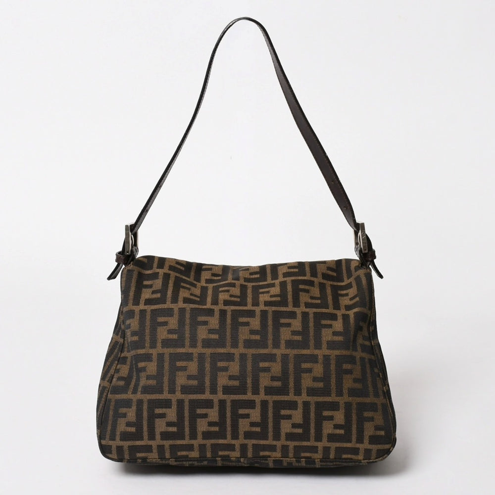 FENDI フェンディ ズッカ柄 マンマバケット ショルダーバッグ 26325 キャンバス レザー ブラウン FFバックル シルバー金具 美品 中古 4a005783