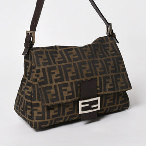 FENDI フェンディ ズッカ柄 マンマバケット ショルダーバッグ 26325 キャンバス レザー ブラウン FFバックル シルバー金具 美品 中古 4a005783