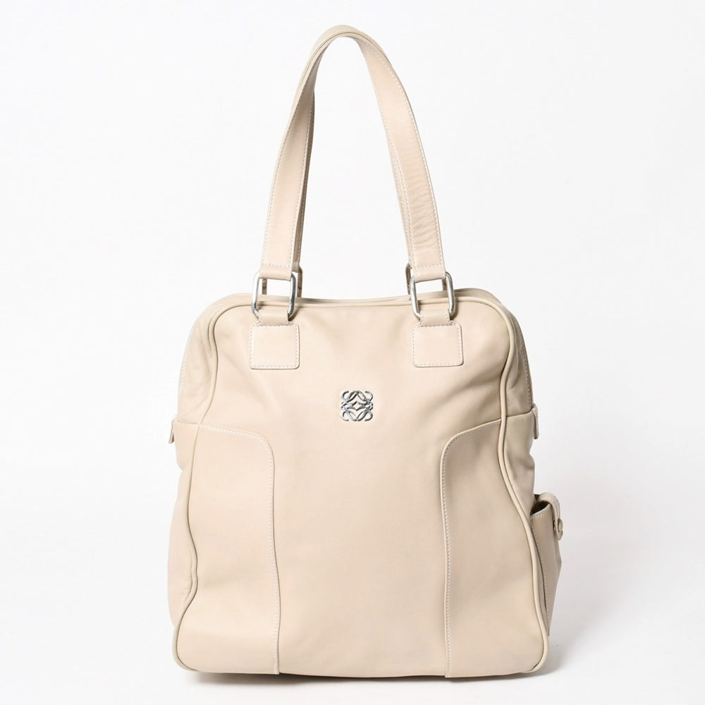 LOEWE ロエベ アナグラム トートバッグ ハンドバッグ アナグラム サイドポケットトート レザー アイボリー シルバー金具 中古 4a005831