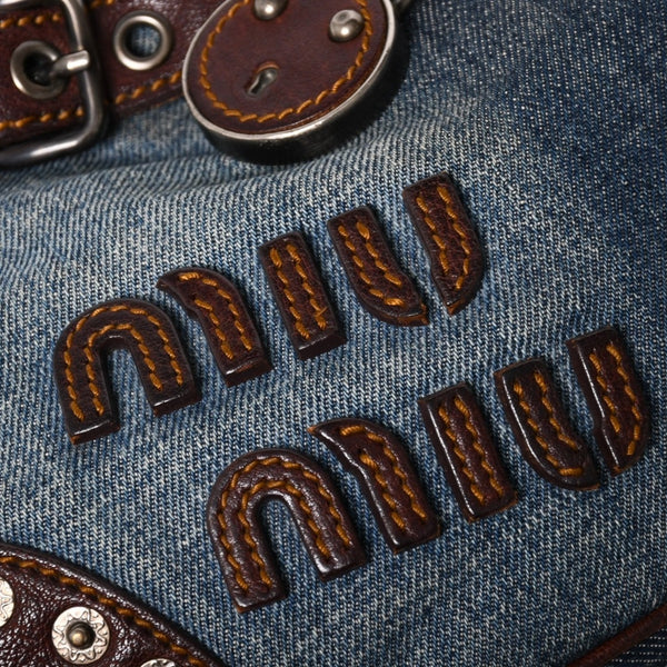 MIUMIU ミュウミュウ ワンショルダーバッグ デニム レザー リベット ロゴパッチ ブルー ブラウン シルバー金具 美品 中古 4a005788