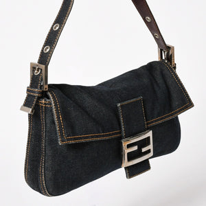 FENDI フェンディ マンマバケット デニム レザー ショルダーバッグ ワンショルダーバッグ ブルー シルバー金具 レア 2305 美品 中古 4a005867