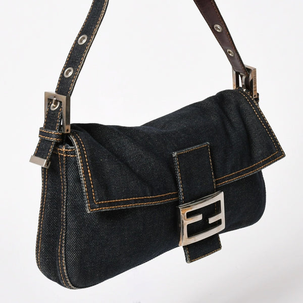 FENDI フェンディ マンマバケット デニム レザー ショルダーバッグ ワンショルダーバッグ ブルー シルバー金具 レア 2305 美品 中古 4a005867