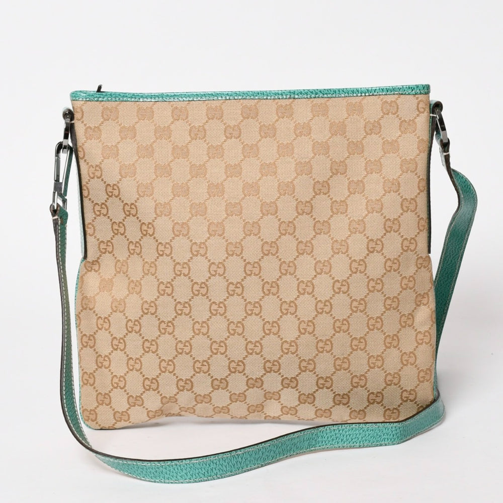GUCCI グッチ スクエア型メッセンジャーバッグ 113013 GG柄 ベージュ ターコイズブルー ショルダーバッグ ブラックメタル 美品 中古 4a005903