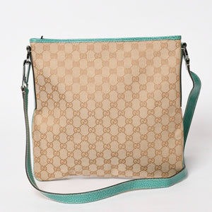 GUCCI グッチ スクエア型メッセンジャーバッグ 113013 GG柄 ベージュ ターコイズブルー ショルダーバッグ ブラックメタル 美品 中古 4a005903