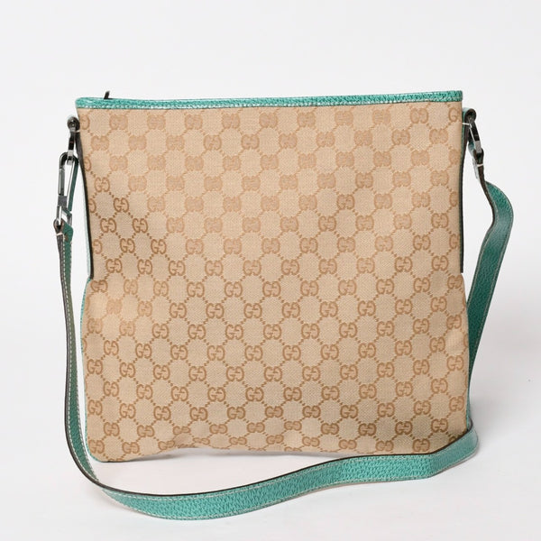 GUCCI グッチ スクエア型メッセンジャーバッグ 113013 GG柄 ベージュ ターコイズブルー ショルダーバッグ ブラックメタル 美品 中古 4a005903