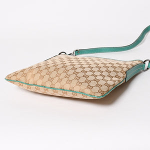 GUCCI グッチ スクエア型メッセンジャーバッグ 113013 GG柄 ベージュ ターコイズブルー ショルダーバッグ ブラックメタル 美品 中古 4a005903