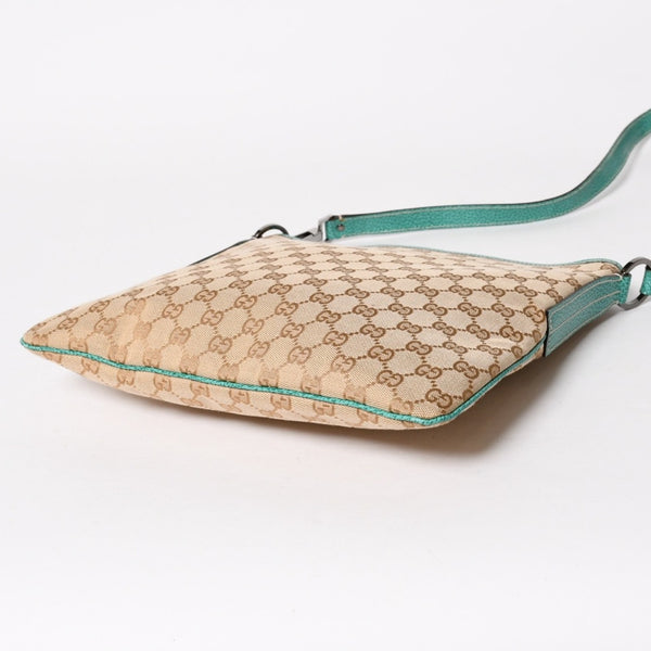 GUCCI グッチ スクエア型メッセンジャーバッグ 113013 GG柄 ベージュ ターコイズブルー ショルダーバッグ ブラックメタル 美品 中古 4a005903