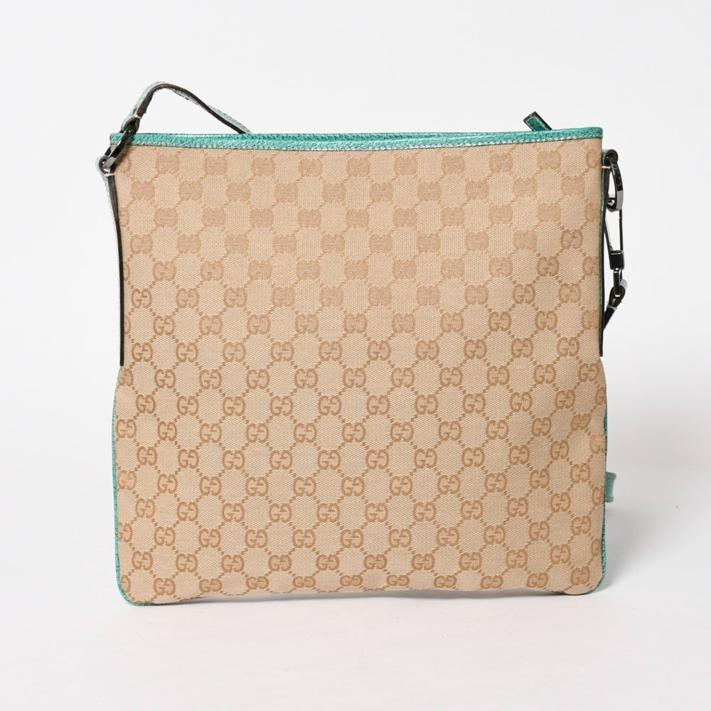 GUCCI グッチ スクエア型メッセンジャーバッグ 113013 GG柄 ベージュ ターコイズブルー ショルダーバッグ ブラックメタル 美品 中古 4a005903