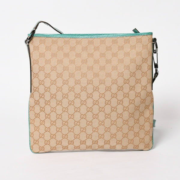 GUCCI グッチ スクエア型メッセンジャーバッグ 113013 GG柄 ベージュ ターコイズブルー ショルダーバッグ ブラックメタル 美品 中古 4a005903