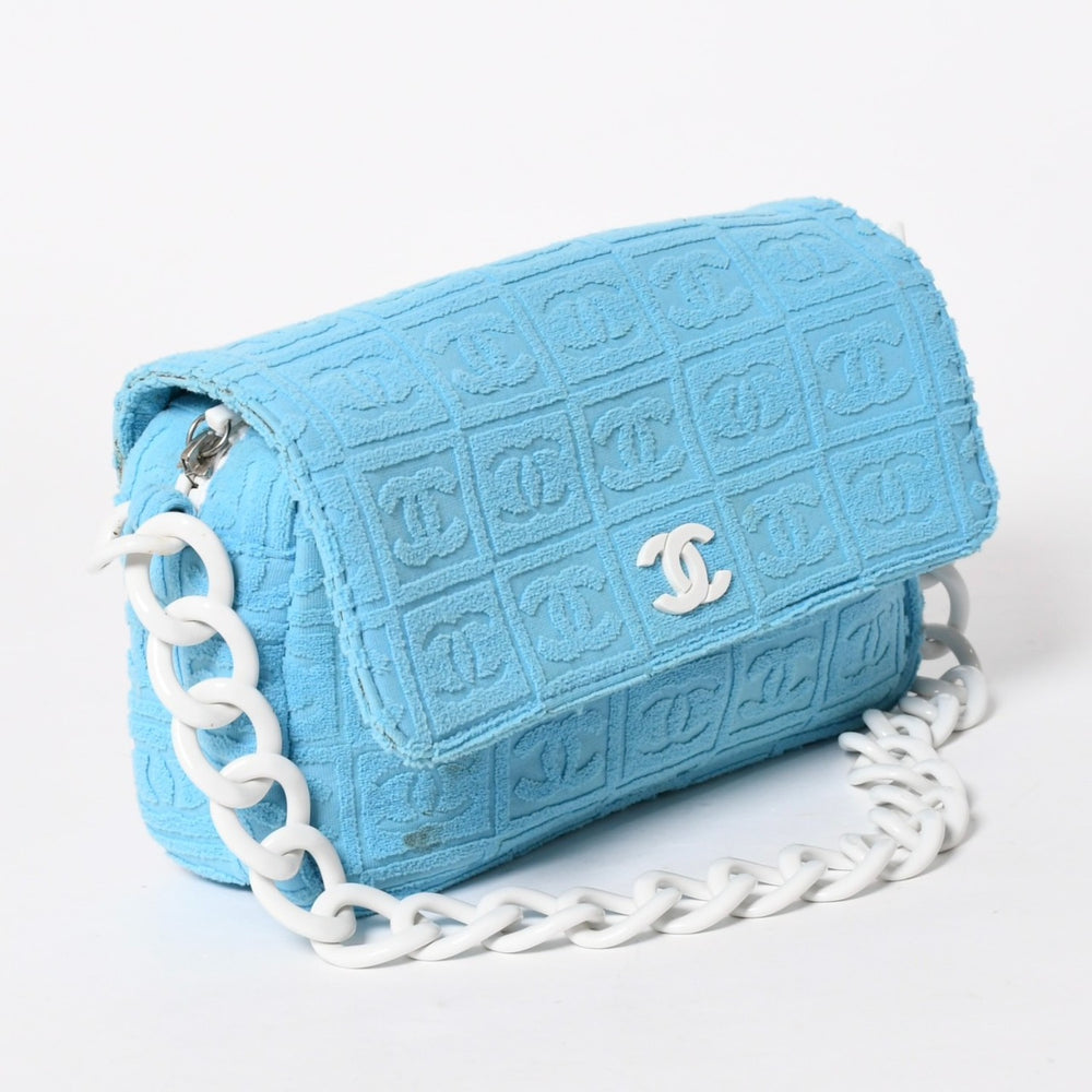 CHANEL シャネル スポーツライン プラチェーンショルダーバッグ 7番台 ココマーク パイル ブルー ホワイト チョコバー 美品 中古 4a005834