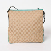 画像をギャラリービューアに読み込む, GUCCI グッチ スクエア型メッセンジャーバッグ 113013 GG柄 ベージュ ターコイズブルー ショルダーバッグ ブラックメタル 美品 中古 4a005903