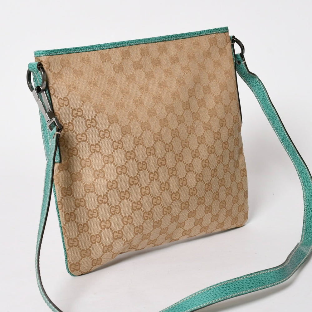 GUCCI Square Messenger Bag 113013 GG Pattern Beige Turquoise Shoulder Bag Black Metal Good Condition Used 4a005903