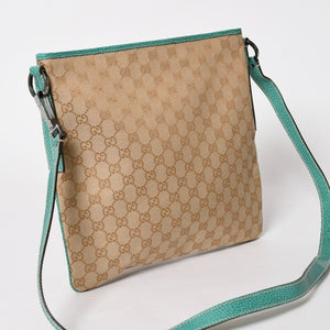 GUCCI グッチ スクエア型メッセンジャーバッグ 113013 GG柄 ベージュ ターコイズブルー ショルダーバッグ ブラックメタル 美品 中古 4a005903