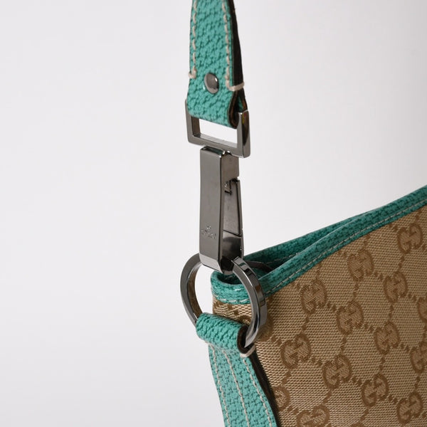 GUCCI グッチ スクエア型メッセンジャーバッグ 113013 GG柄 ベージュ ターコイズブルー ショルダーバッグ ブラックメタル 美品 中古 4a005903