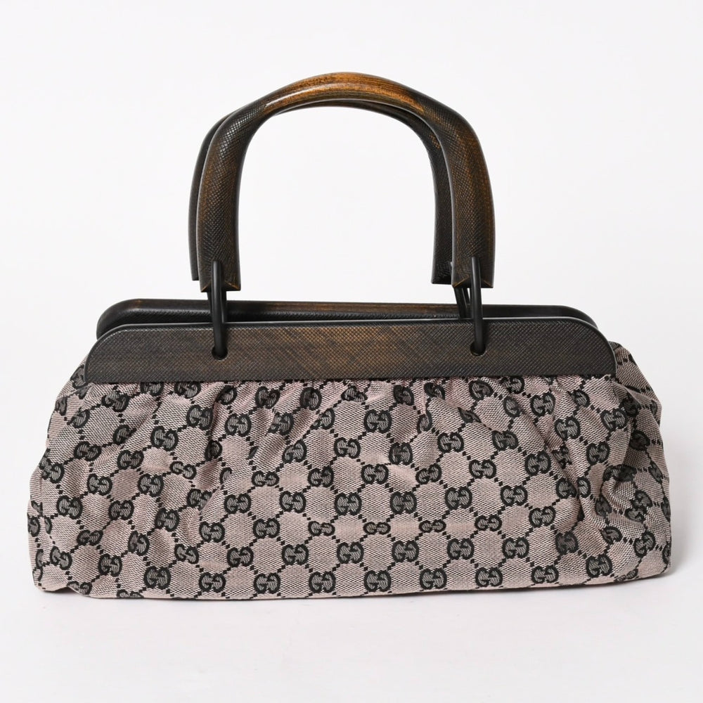 極美品 GUCCI グッチ ハンドバッグ ウッドハンドル 112688 GGキャンバス ブラック金具 ピンク ブラウン 中古 4a005904