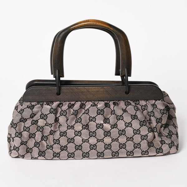 極美品 GUCCI グッチ ハンドバッグ ウッドハンドル 112688 GGキャンバス ブラック金具 ピンク ブラウン 中古 4a005904