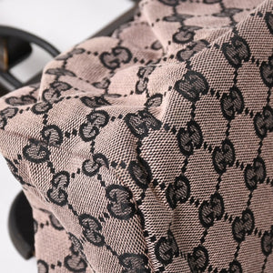 極美品 GUCCI グッチ ハンドバッグ ウッドハンドル 112688 GGキャンバス ブラック金具 ピンク ブラウン 中古 4a005904