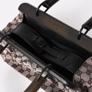 極美品 GUCCI グッチ ハンドバッグ ウッドハンドル 112688 GGキャンバス ブラック金具 ピンク ブラウン 中古 4a005904
