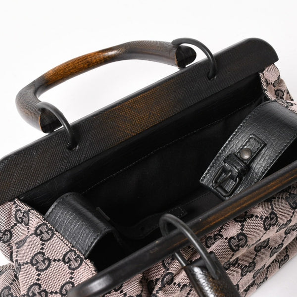 極美品 GUCCI グッチ ハンドバッグ ウッドハンドル 112688 GGキャンバス ブラック金具 ピンク ブラウン 中古 4a005904