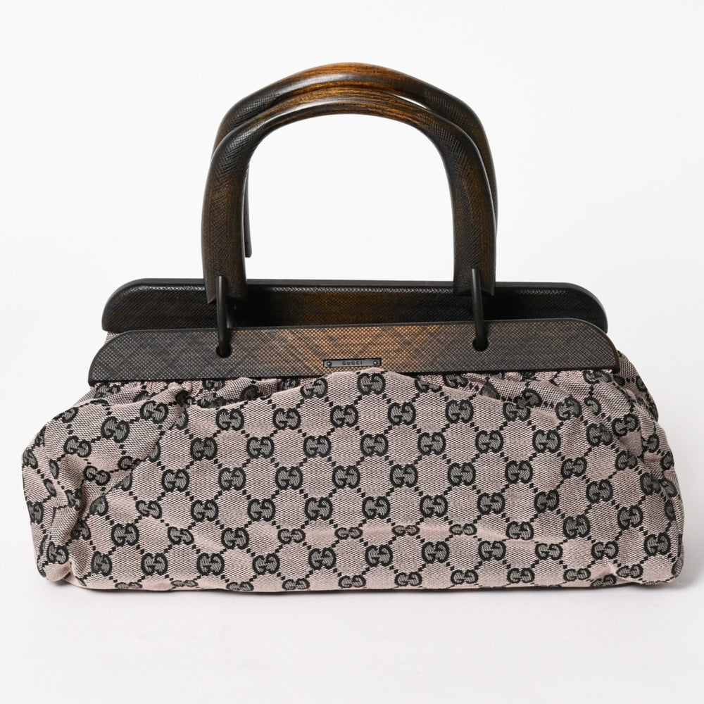 極美品 GUCCI グッチ ハンドバッグ ウッドハンドル 112688 GGキャンバス ブラック金具 ピンク ブラウン 中古 4a005904
