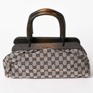 極美品 GUCCI グッチ ハンドバッグ ウッドハンドル 112688 GGキャンバス ブラック金具 ピンク ブラウン 中古 4a005904