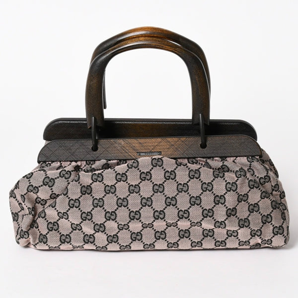 極美品 GUCCI グッチ ハンドバッグ ウッドハンドル 112688 GGキャンバス ブラック金具 ピンク ブラウン 中古 4a005904