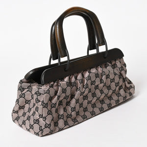 極美品 GUCCI グッチ ハンドバッグ ウッドハンドル 112688 GGキャンバス ブラック金具 ピンク ブラウン 中古 4a005904