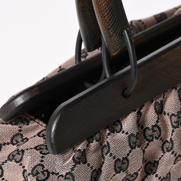 極美品 GUCCI グッチ ハンドバッグ ウッドハンドル 112688 GGキャンバス ブラック金具 ピンク ブラウン 中古 4a005904
