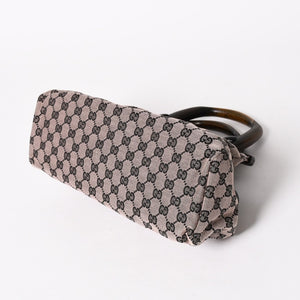 極美品 GUCCI グッチ ハンドバッグ ウッドハンドル 112688 GGキャンバス ブラック金具 ピンク ブラウン 中古 4a005904