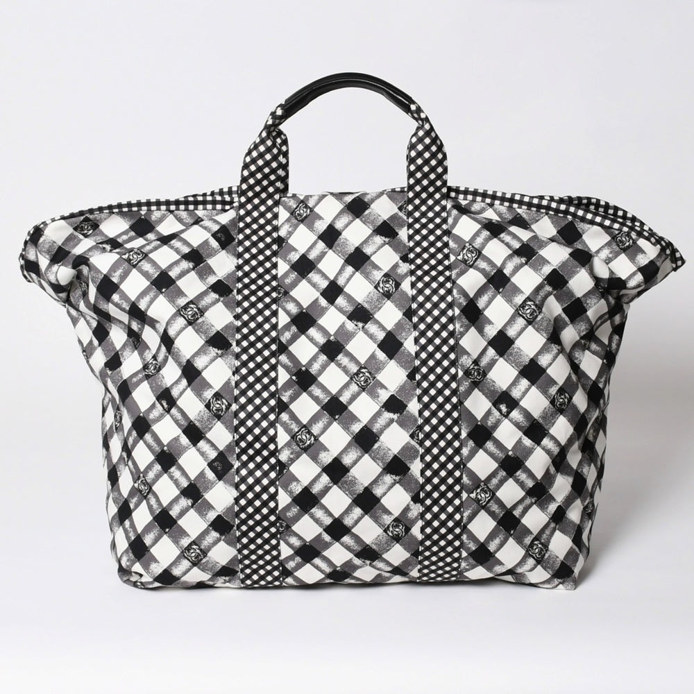 極美品 CHANEL シャネル クルーズライン ギンガムチェック トートバッグ ボストンバッグ ホワイト ブラック 14番台 ココマーク シルバー金具 中古 4a005934
