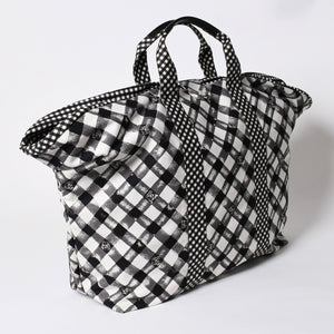 Very Good Condition CHANEL Cruise Line Gingham Check Tote Bag Boston Bag White Black 14th Series Coco Mark Silver Hardware Used 4a005934