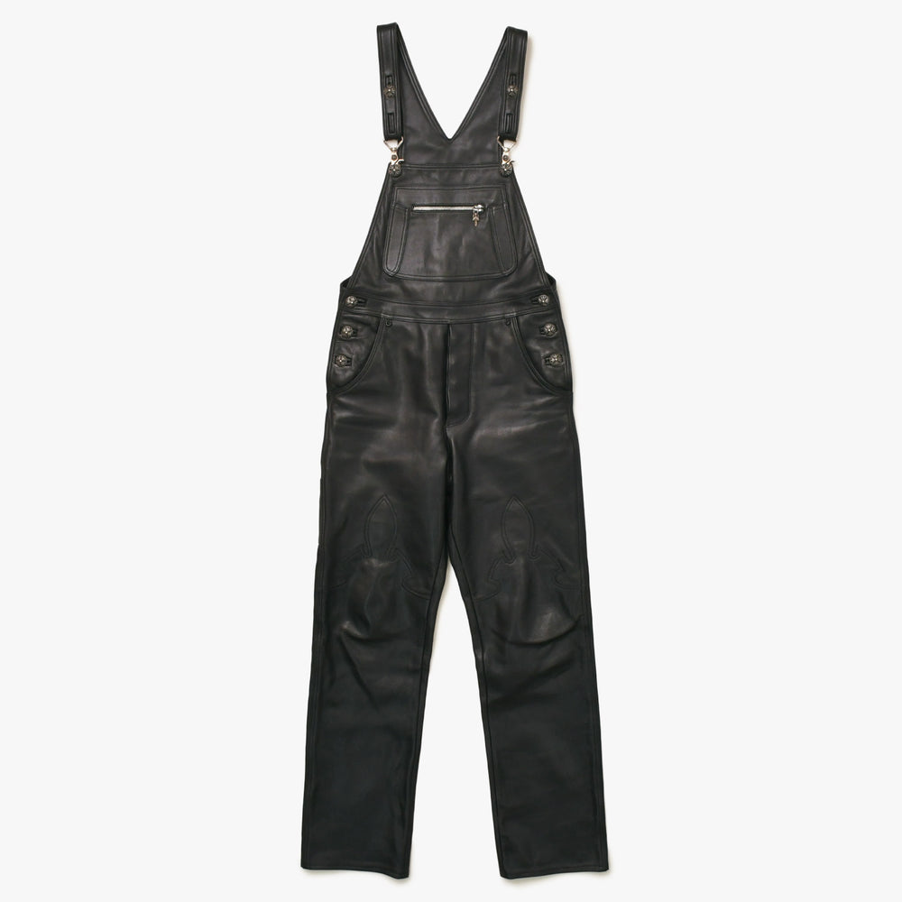 極美品 CHROME HEARTS クロムハーツ レザーオーバーオール クロスボールボタン フレアパッチ ダガージップ ブラック レザー 925 中古 4a005919