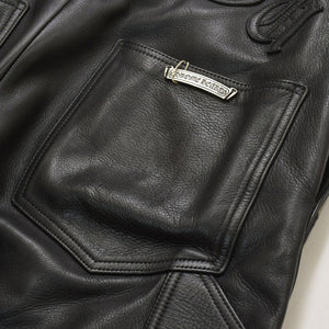極美品 CHROME HEARTS クロムハーツ レザーオーバーオール クロスボールボタン フレアパッチ ダガージップ ブラック レザー 925 中古 4a005919