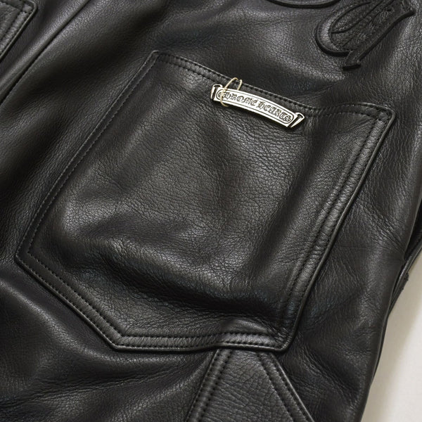 極美品 CHROME HEARTS クロムハーツ レザーオーバーオール クロスボールボタン フレアパッチ ダガージップ ブラック レザー 925 中古 4a005919