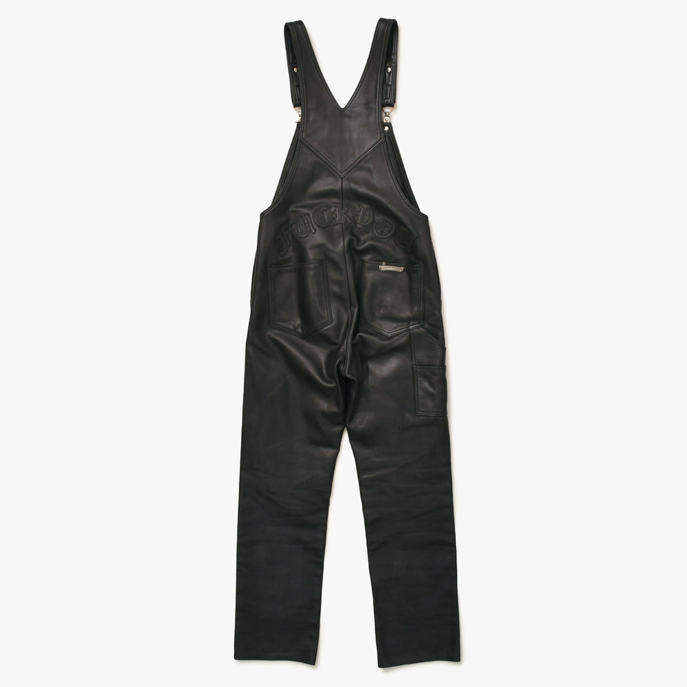 極美品 CHROME HEARTS クロムハーツ レザーオーバーオール クロスボールボタン フレアパッチ ダガージップ ブラック レザー 925 中古 4a005919
