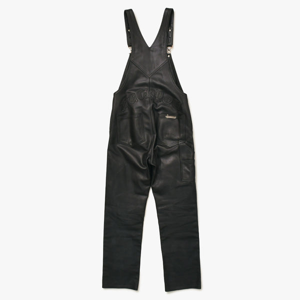 極美品 CHROME HEARTS クロムハーツ レザーオーバーオール クロスボールボタン フレアパッチ ダガージップ ブラック レザー 925 中古 4a005919