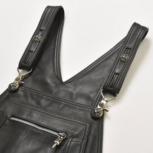 極美品 CHROME HEARTS クロムハーツ レザーオーバーオール クロスボールボタン フレアパッチ ダガージップ ブラック レザー 925 中古 4a005919