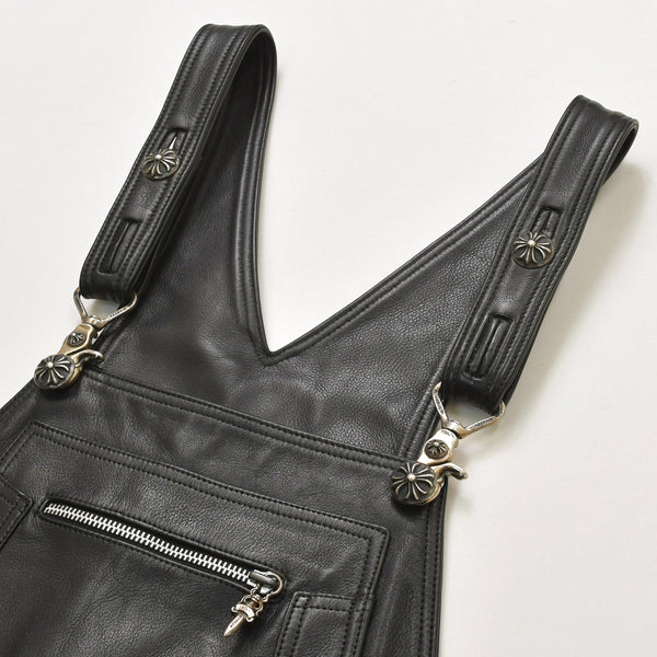 極美品 CHROME HEARTS クロムハーツ レザーオーバーオール クロスボールボタン フレアパッチ ダガージップ ブラック レザー 925 中古 4a005919