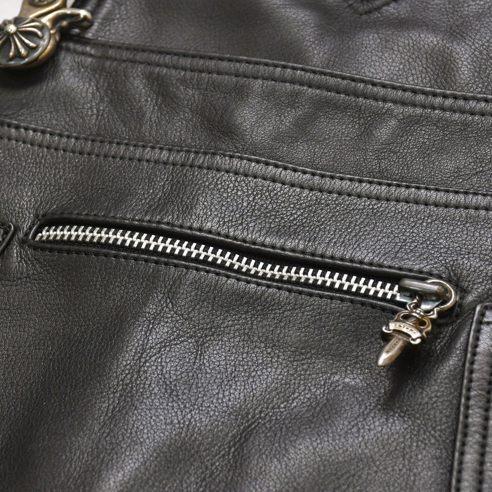 極美品 CHROME HEARTS クロムハーツ レザーオーバーオール クロスボールボタン フレアパッチ ダガージップ ブラック レザー 925 中古 4a005919