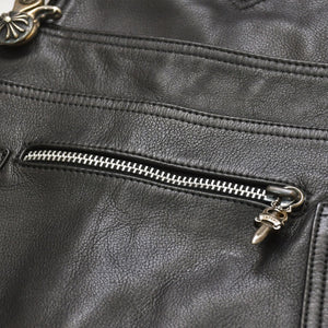 極美品 CHROME HEARTS クロムハーツ レザーオーバーオール クロスボールボタン フレアパッチ ダガージップ ブラック レザー 925 中古 4a005919
