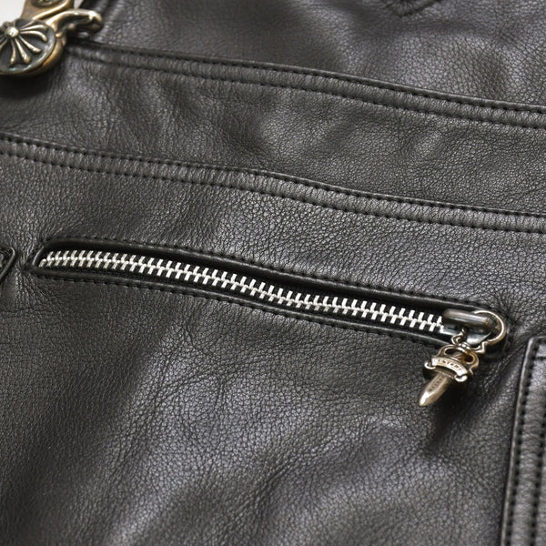 極美品 CHROME HEARTS クロムハーツ レザーオーバーオール クロスボールボタン フレアパッチ ダガージップ ブラック レザー 925 中古 4a005919