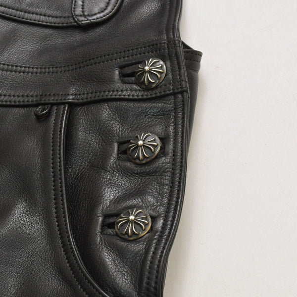 極美品 CHROME HEARTS クロムハーツ レザーオーバーオール クロスボールボタン フレアパッチ ダガージップ ブラック レザー 925 中古 4a005919