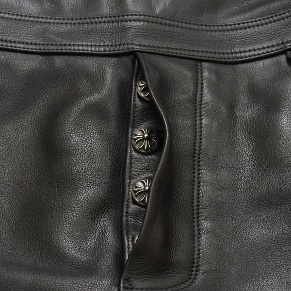 極美品 CHROME HEARTS クロムハーツ レザーオーバーオール クロスボールボタン フレアパッチ ダガージップ ブラック レザー 925 中古 4a005919