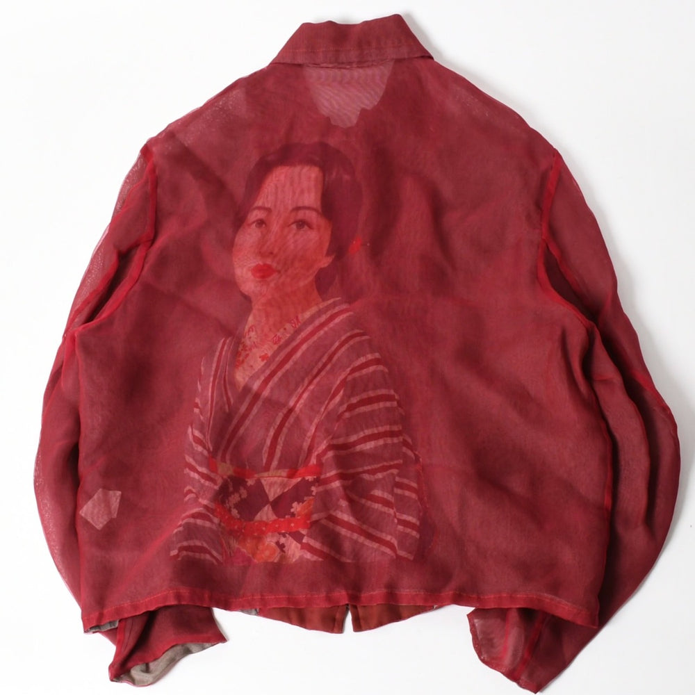 極美品 YOHJI YAMAMOTO POUR HOMME ヨウジヤマモト プールオム シースルーシャツ HE-Y-25-825 杖村サエコ 女優 ピンナップ期 レッド 3サイズ 中古 4a004784