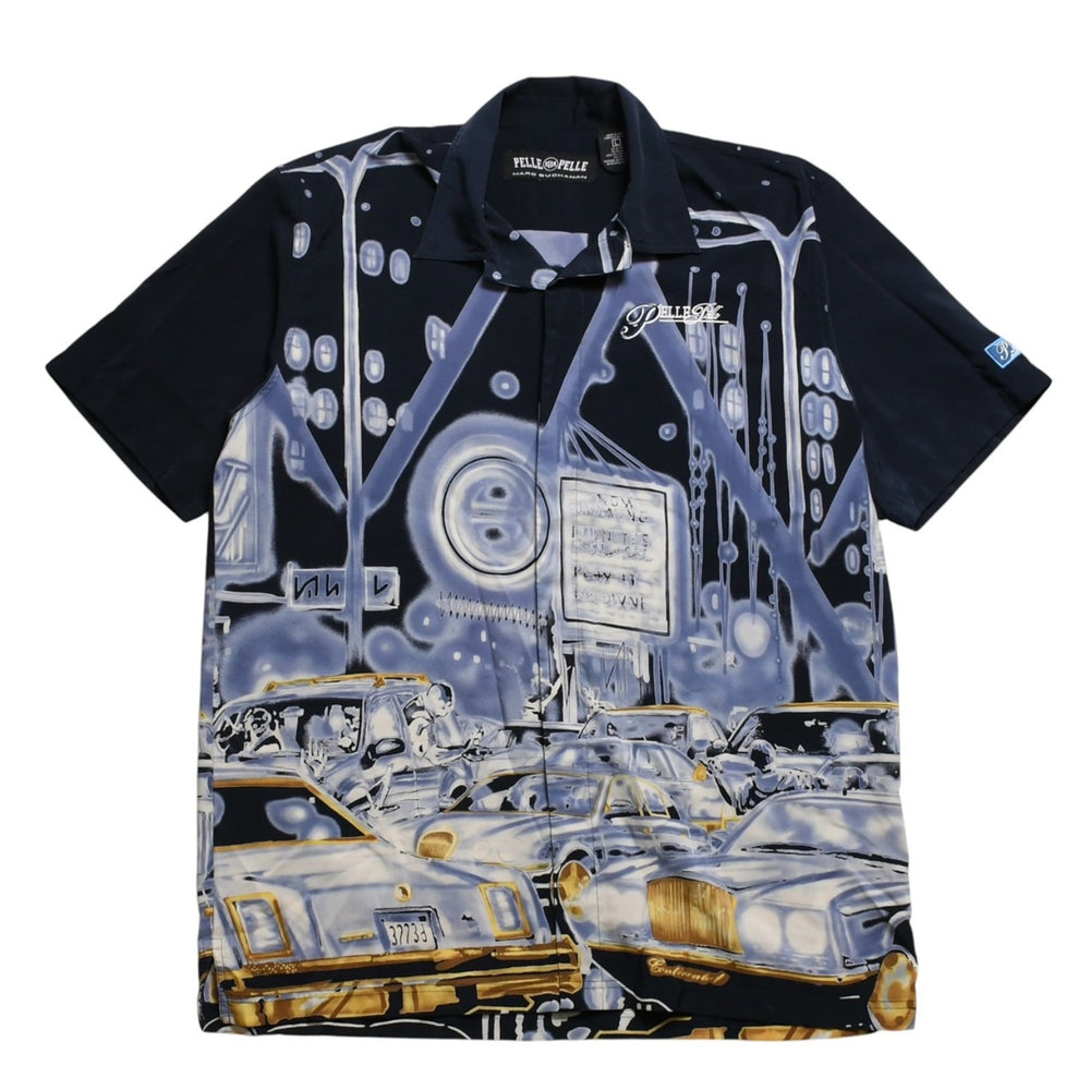 極美品 PELLE PELLE ペレペレ ストリートトラフィック総柄シャツ ネイビー オーバーサイズ Lサイズ 90年代-00年代 アメ車 中古 4a005949
