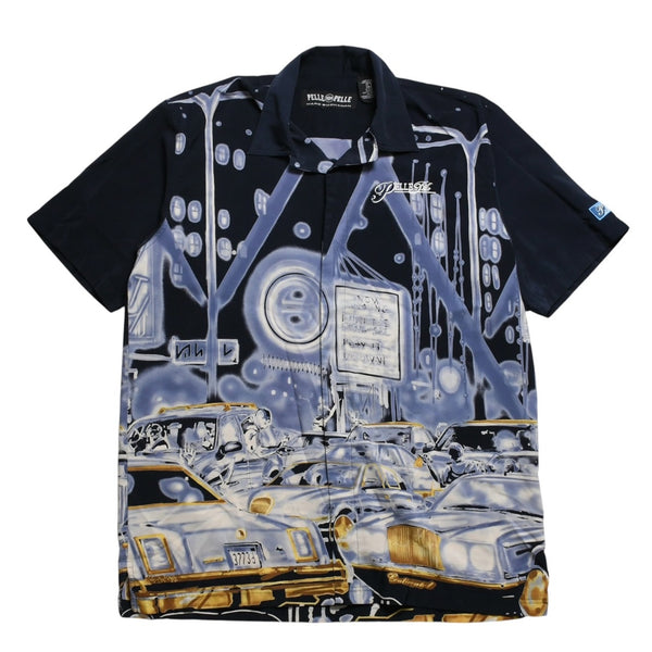 極美品 PELLE PELLE ペレペレ ストリートトラフィック総柄シャツ ネイビー オーバーサイズ Lサイズ 90年代-00年代 アメ車 中古 4a005949