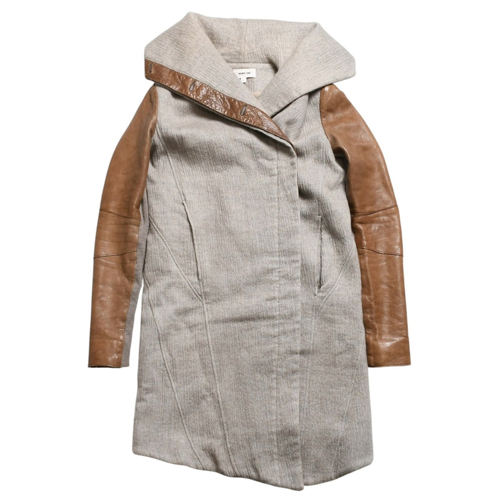 HELMUT LANG ヘルムートラング ウールフェルト レザー アシンメトリーコート ブラウン ベージュ 美品 中古 4a005943