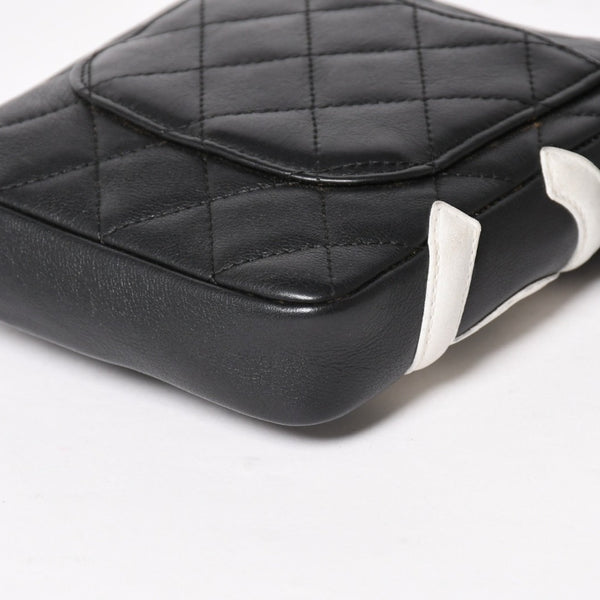 極美品 CHANEL シャネル ミニ カンボン ショルダーバッグ ミッディアムポシェット ブラック ホワイト 9番台 ラムスキン 中古 4a005895