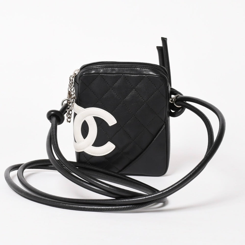 極美品 CHANEL シャネル ミニ カンボン ショルダーバッグ ミッディアムポシェット ブラック ホワイト 9番台 ラムスキン 中古 4a005895